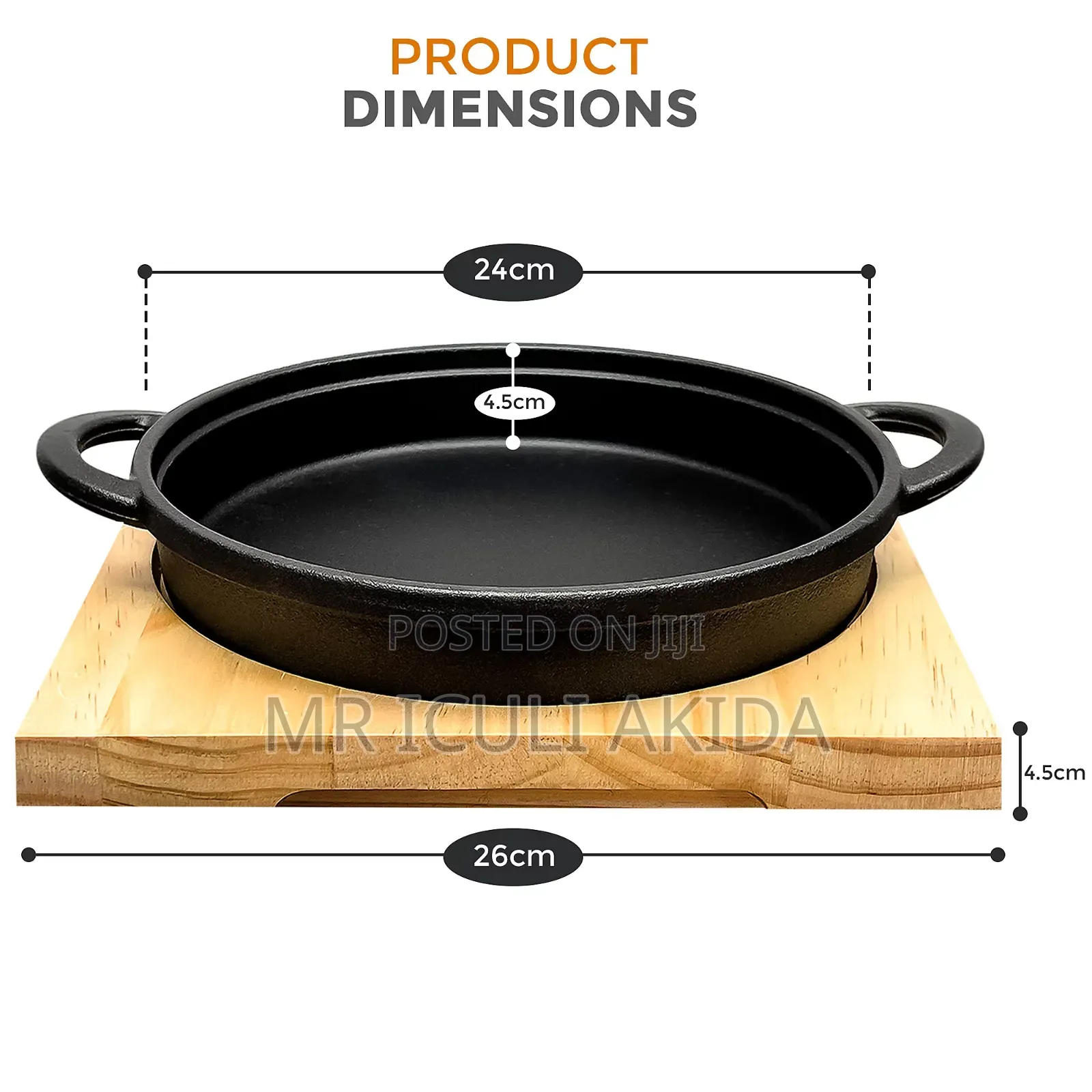 Cast Iron Steak Sizzler Backing Pot Skillet Grill Wood Serving Board