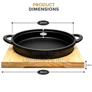 Cast Iron Steak Sizzler Backing Pot Skillet Grill Wood Serving Board