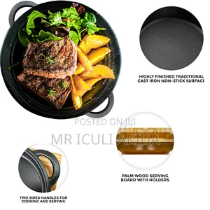 Cast Iron Steak Sizzler Backing Pot Skillet Grill Wood Serving Board