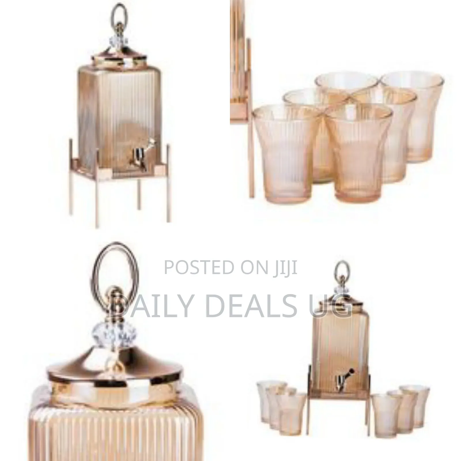 Elegant Fluted Glass Beverage Dispenser Set With Stand and Glasses