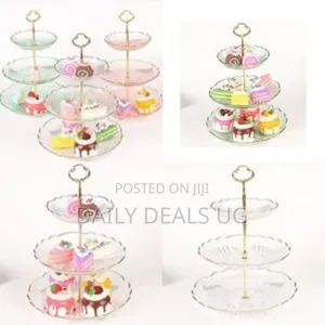 Elegant Three-Tiered Glass Serving Stand With Gold Accents -Multicolor