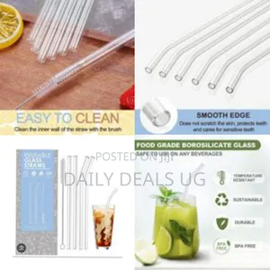 Set of 4 Eco-Friendly Reusable Glass Straws With Cleaning Brush -Clear