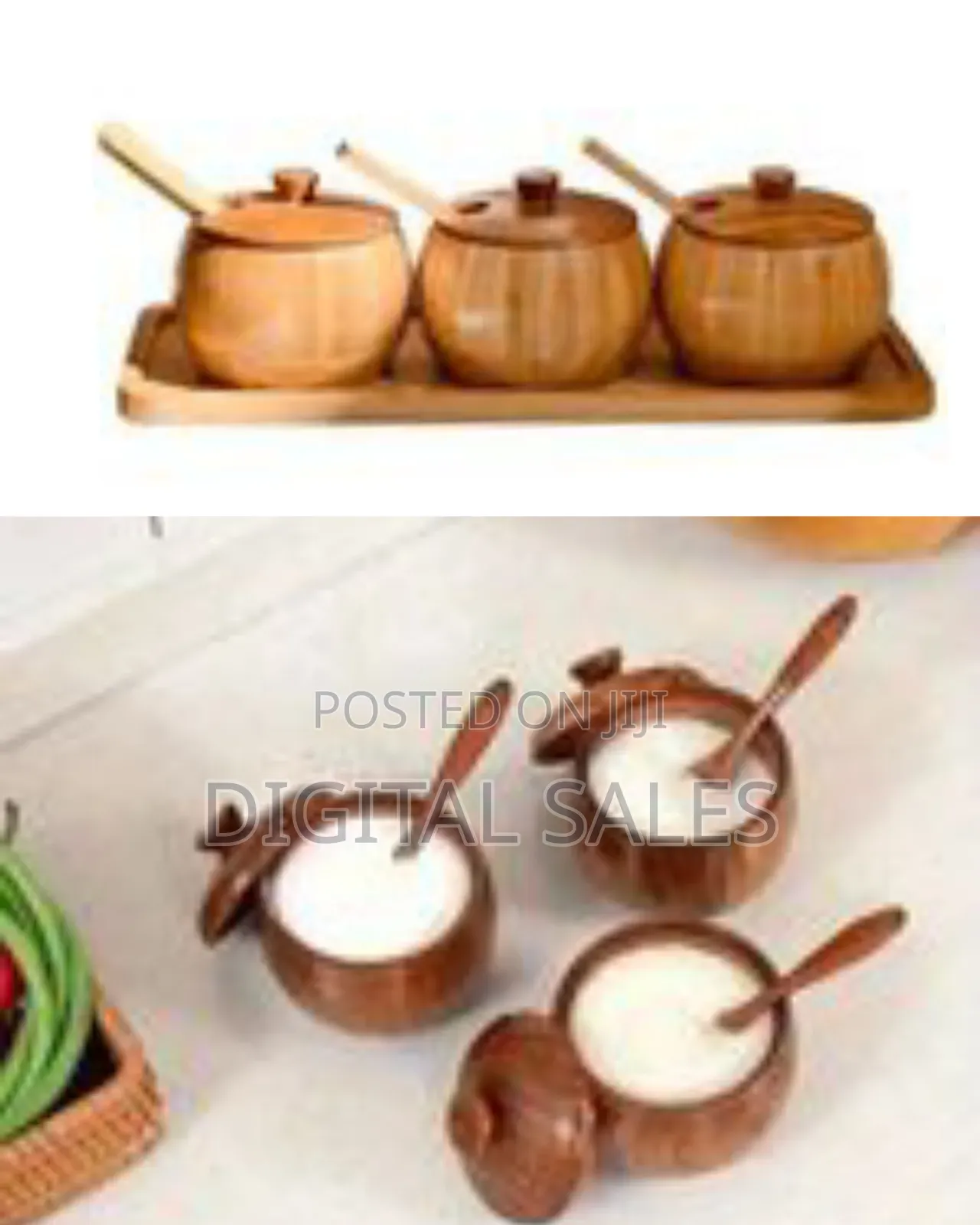 Three-Piece Set of Natural Bamboo/Wood Spice Jars or Sugar Bowl