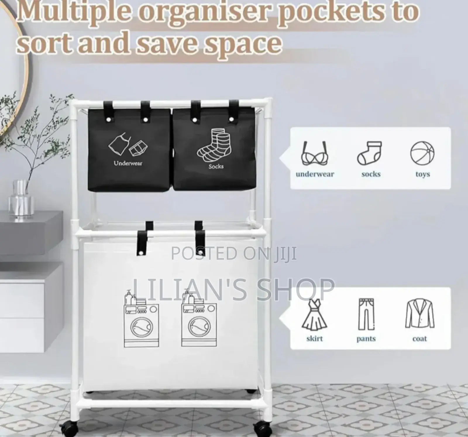 Multi-functional 3-tier Rolling Laundry Sorter With Shelves.