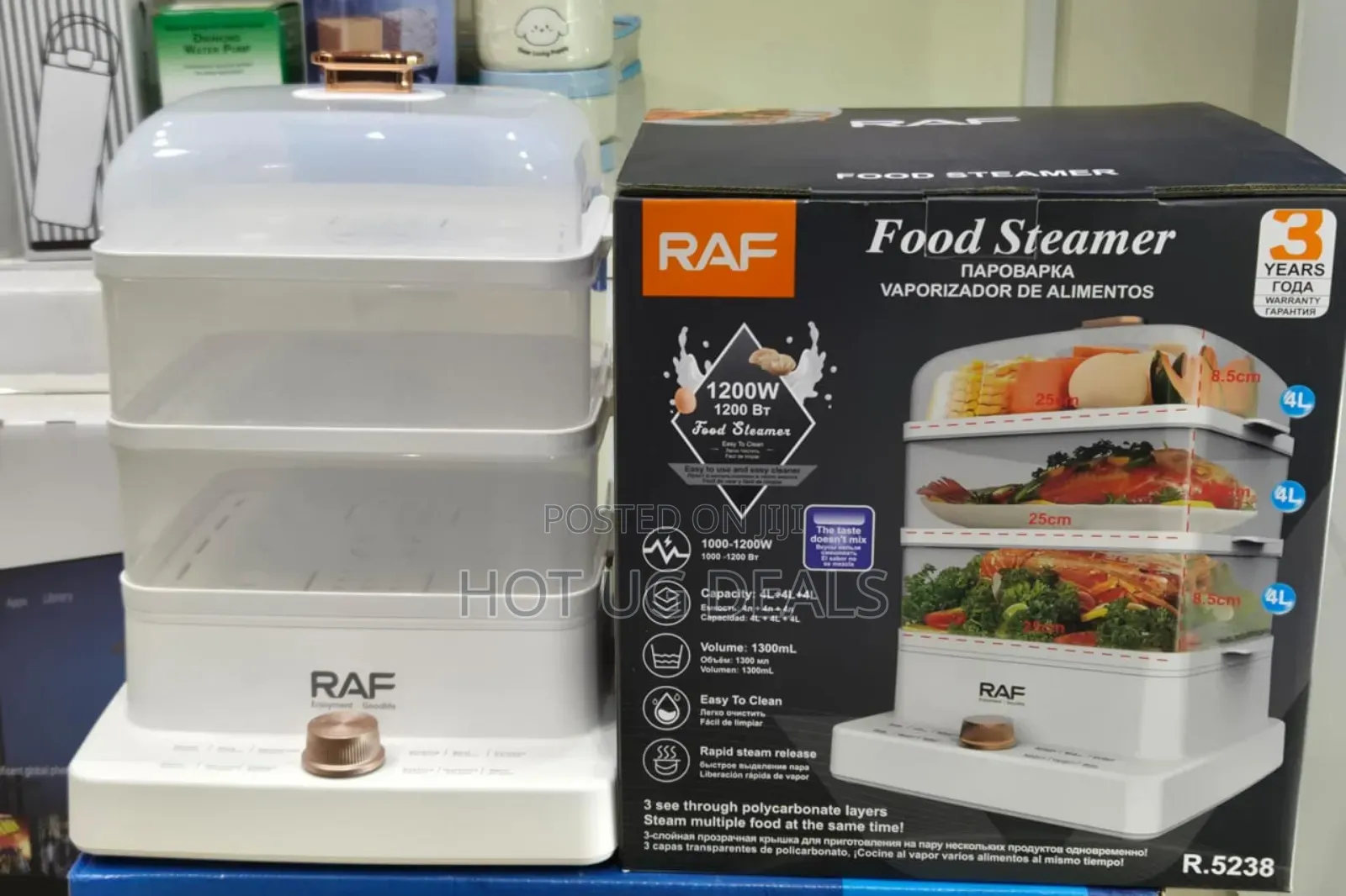 Raf 12 Litres 3 Tier Food Vegetable Steamer- Clear/White