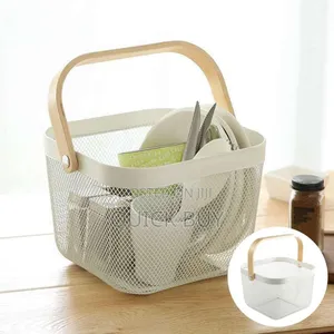 Mesh Steel Storage Organizer Basket With A Wooden Or Bamboo Handle.