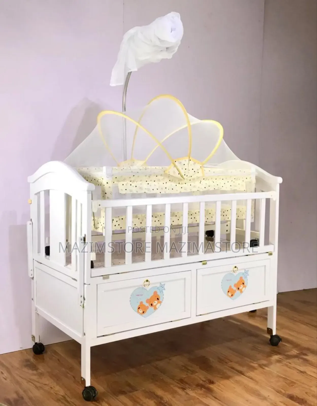 2-in-1 Wooden Baby Bed With Stand Net - Multicolor