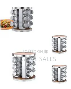 Revolving 12-Jar Spice Rack With Stainless Steel Wood Accents