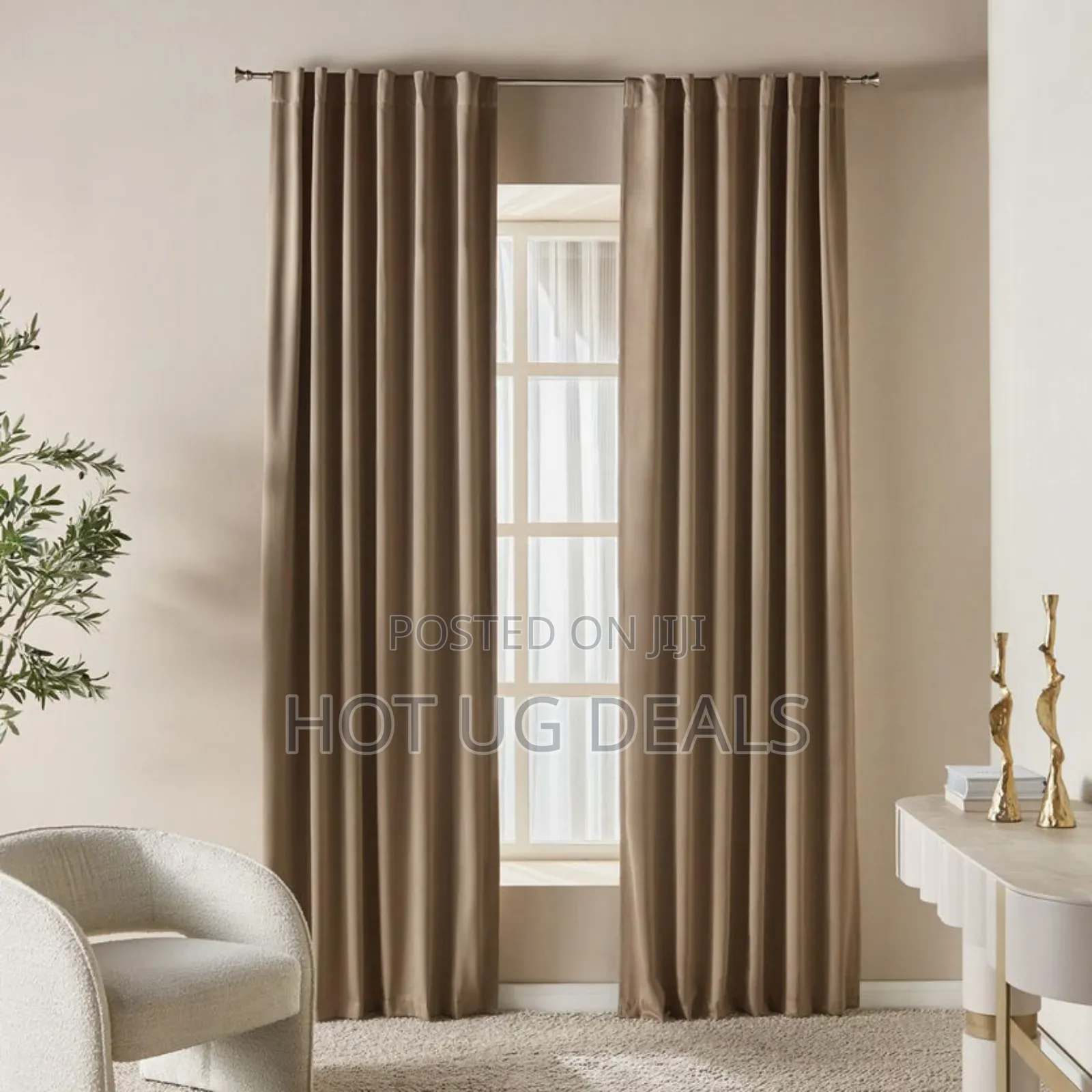 2 Curtain Pieces 2m By 1.5 Meters & 1 White Plain Net 3m - Brown