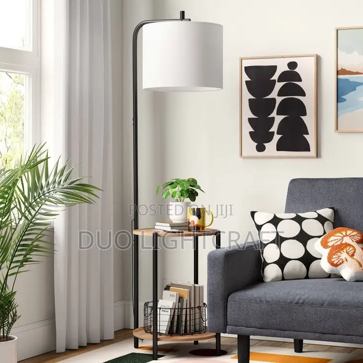 Floor Lamps With Metallic Stand and Wooden Shelves
