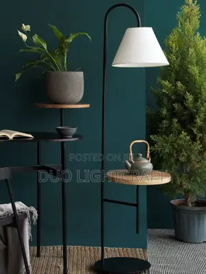 Floor Lamps With Metallic Stand and Wooden Shelves