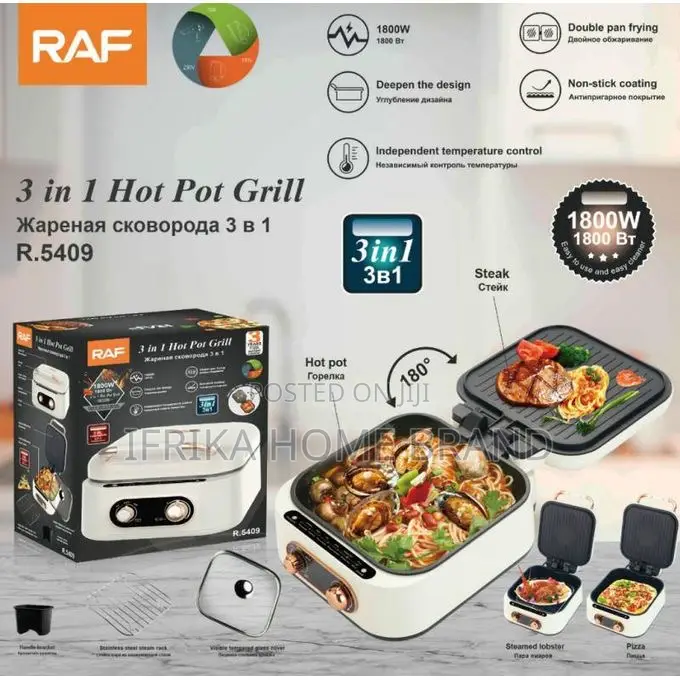 Raf 3-in-1 Hot Pot Grill Electric Cooking Pot, 10 in 1 Multifunctional
