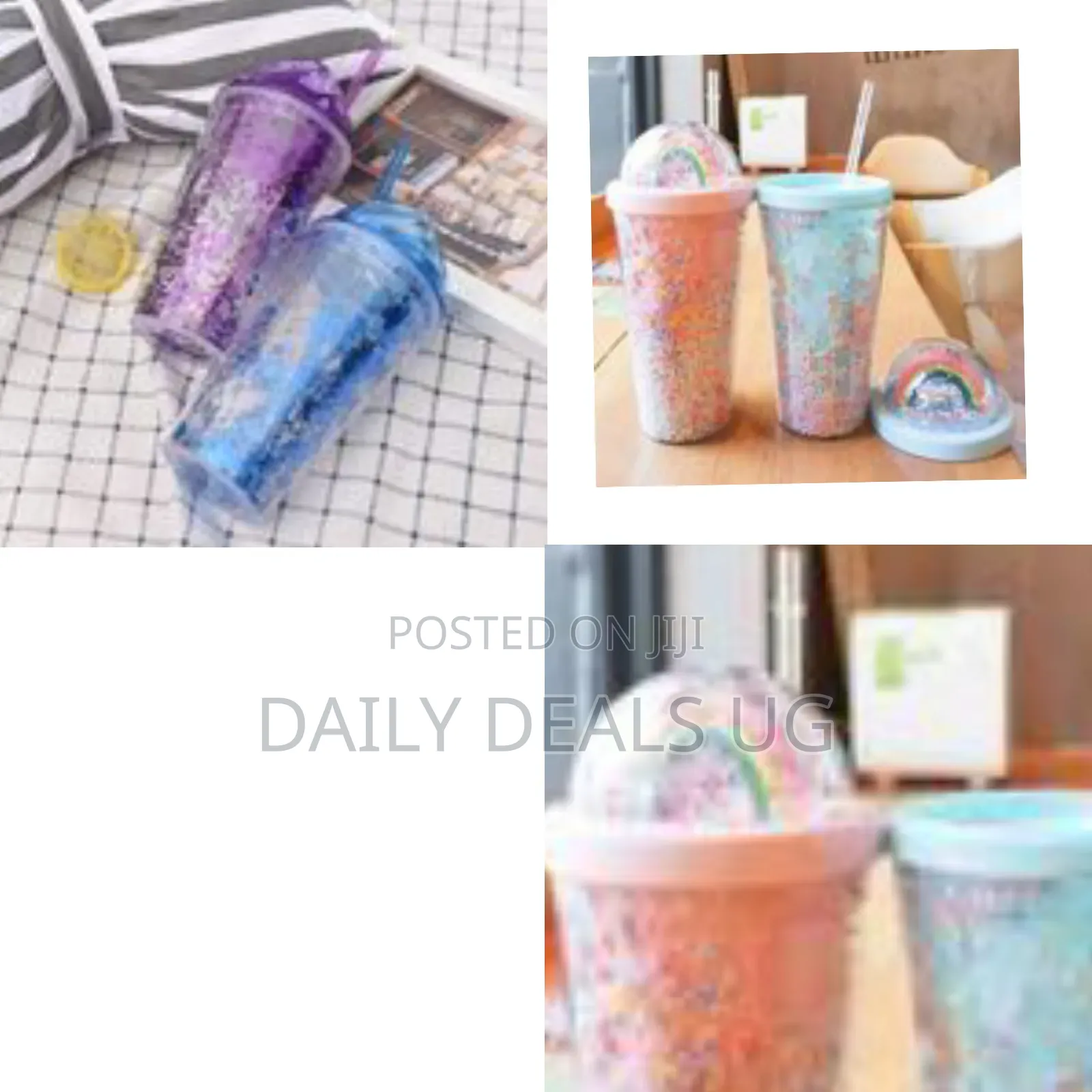 Double-Walled, 2-Layer Ice Cream Cap Drinking Bottle Cup With a Straw