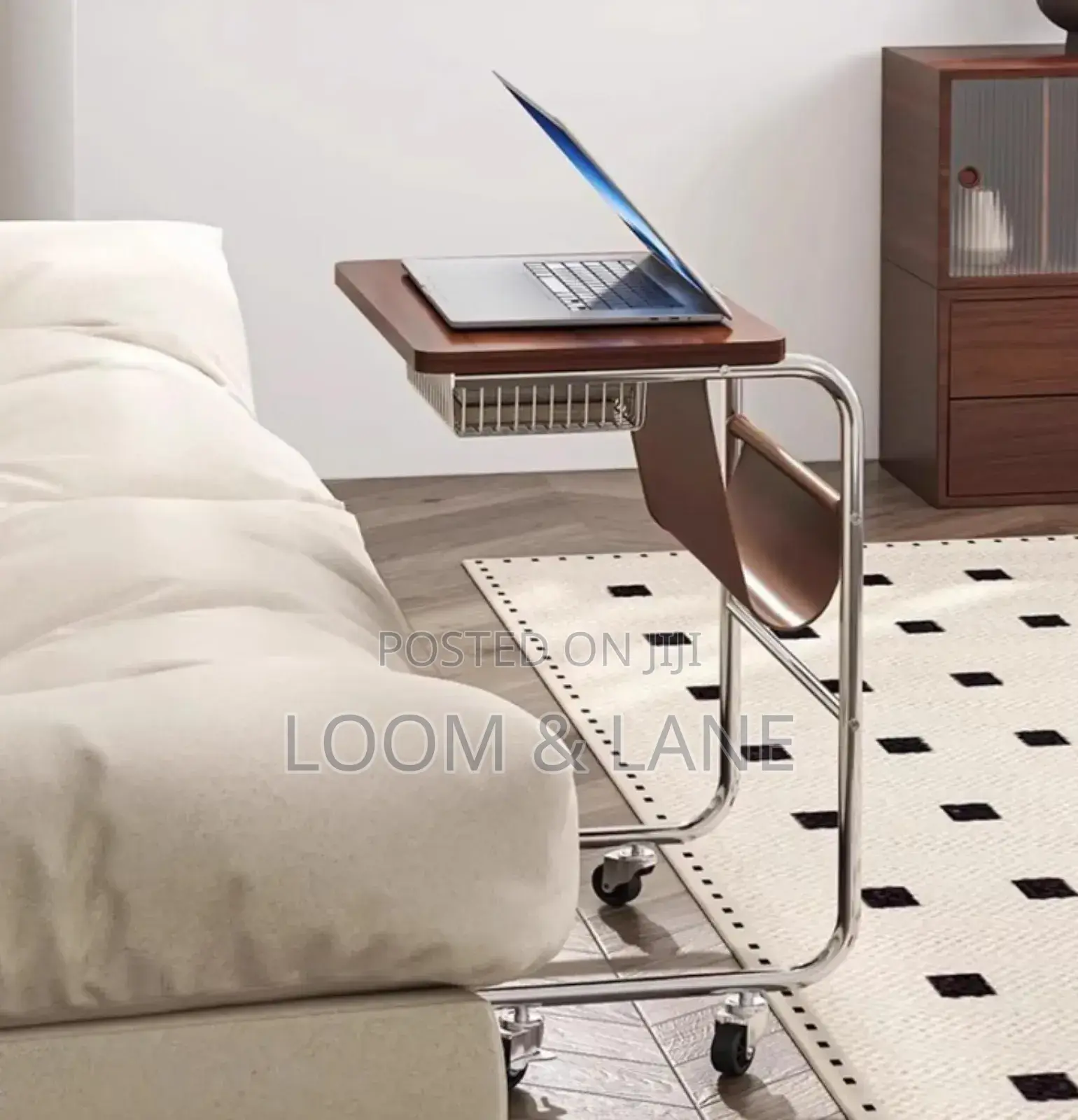 C-Shaped Rolling Side Table With a Pu Leather Storage Pocket