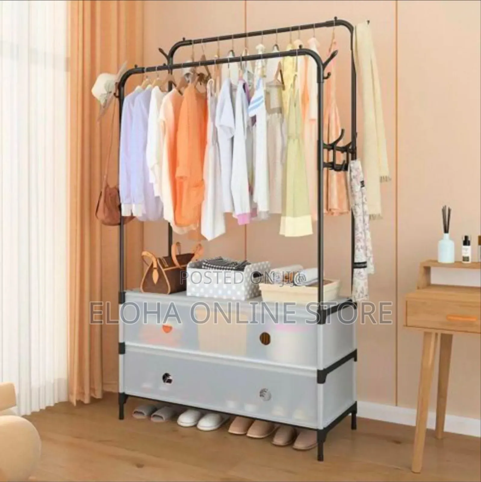 Multifunctional Garment Rack With Semi-Transparent Pull-Out Drawers