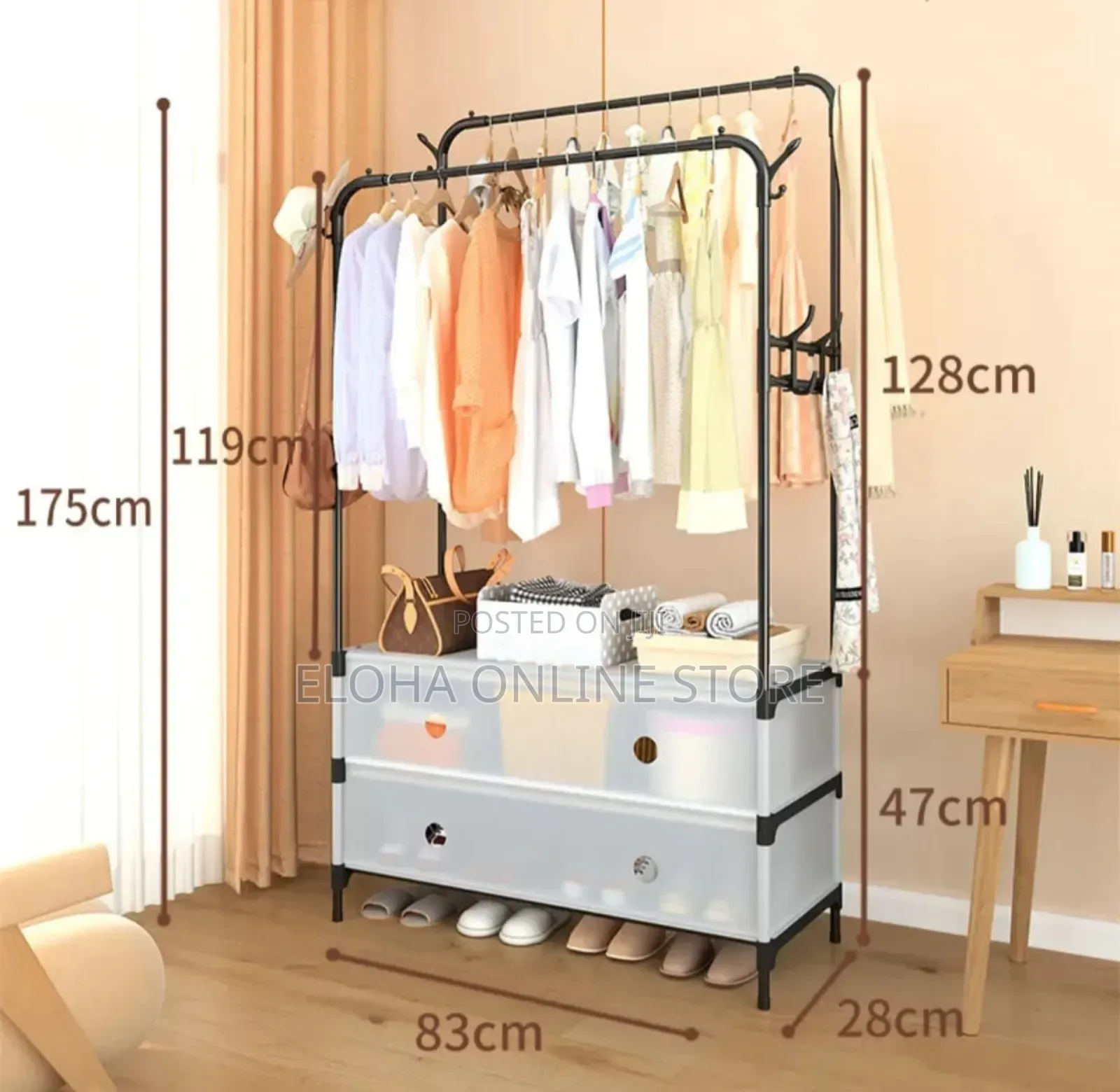 Multifunctional Garment Rack With Semi-Transparent Pull-Out Drawers