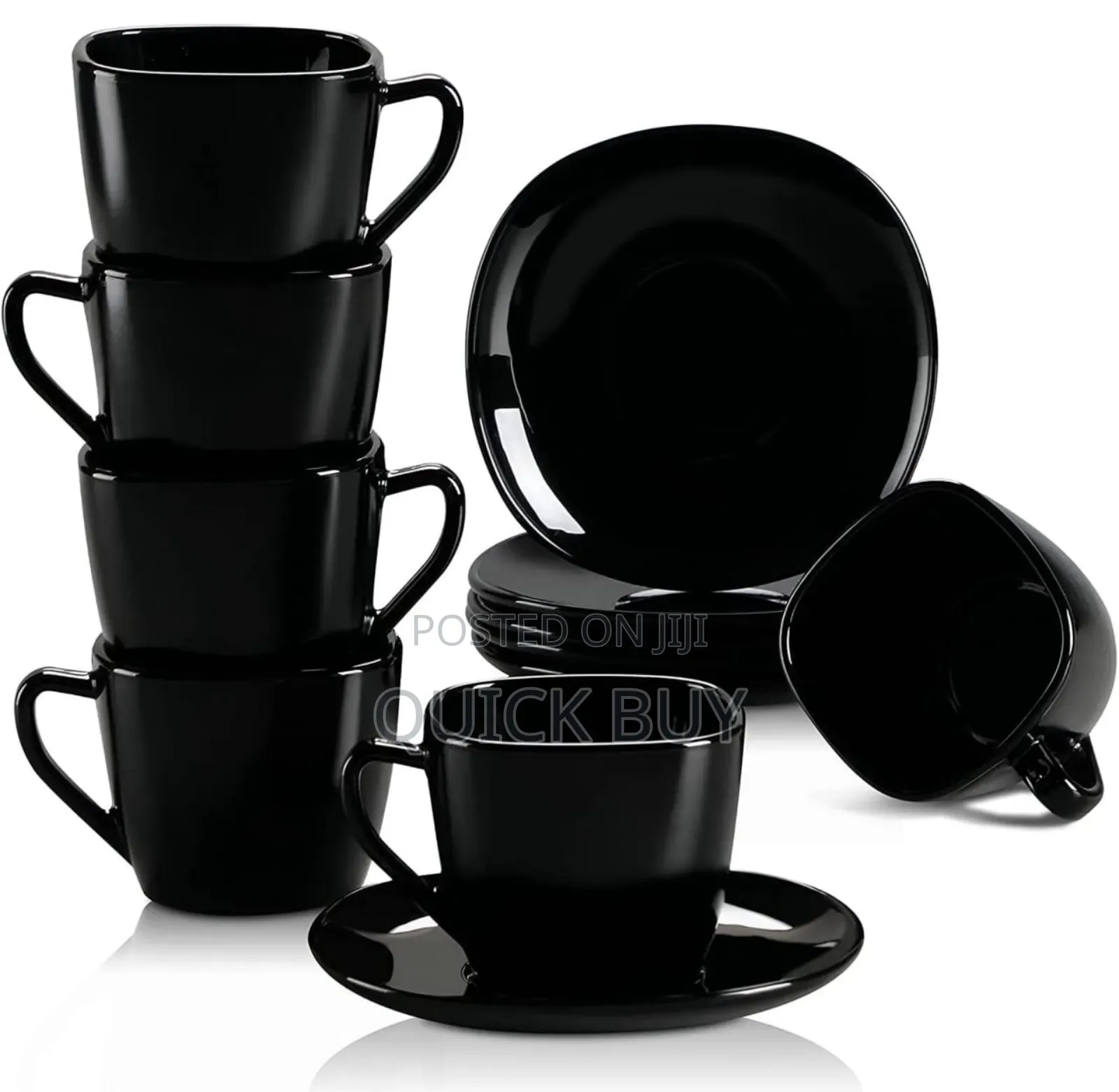 12- Piece Black Opal Glass Coffee Cup and Saucer Set.