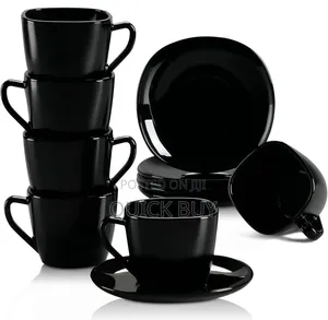 12- Piece Black Opal Glass Coffee Cup and Saucer Set.