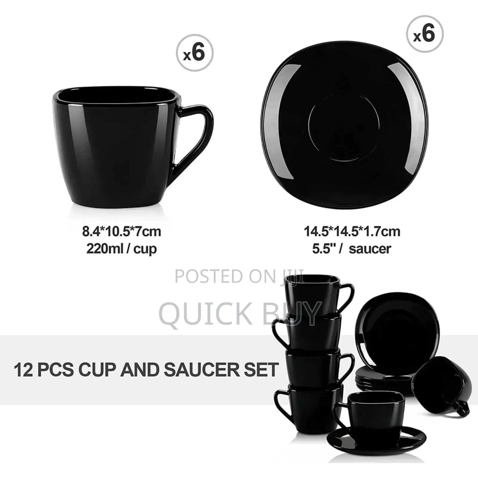 12- Piece Black Opal Glass Coffee Cup and Saucer Set.