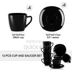 12- Piece Black Opal Glass Coffee Cup and Saucer Set.