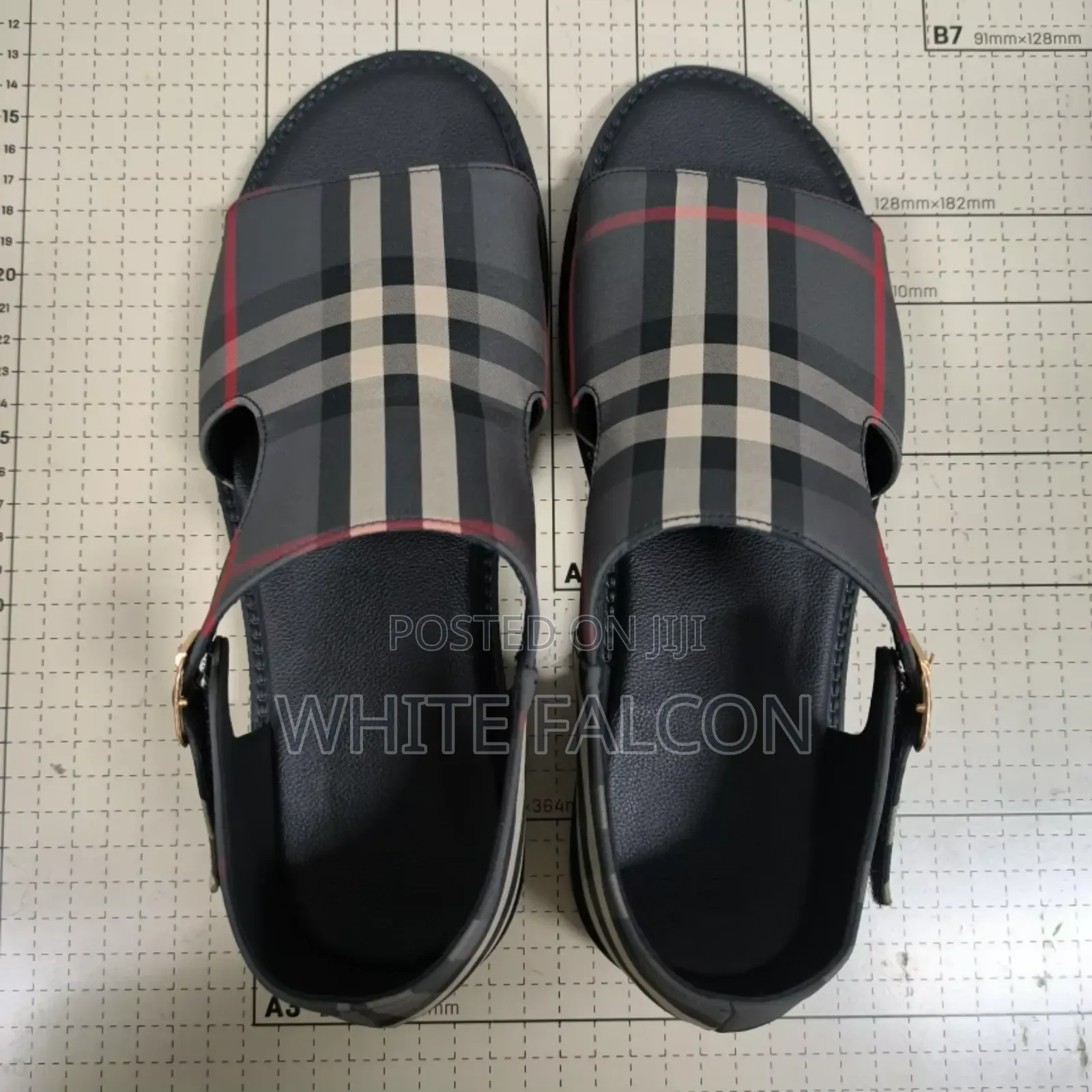 Burberry Plaid Fabric-Leather Slide-on Sandal With Rubber Sole