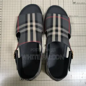 Burberry Plaid Fabric-Leather Slide-on Sandal With Rubber Sole