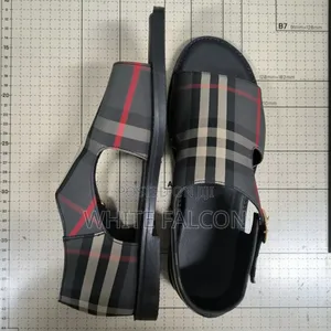 Burberry Plaid Fabric-Leather Slide-on Sandal With Rubber Sole