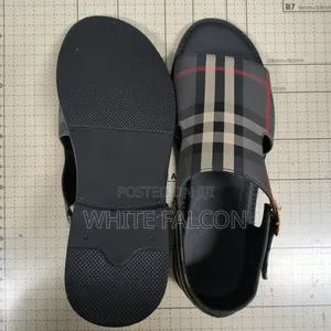 Burberry Plaid Fabric-Leather Slide-on Sandal With Rubber Sole