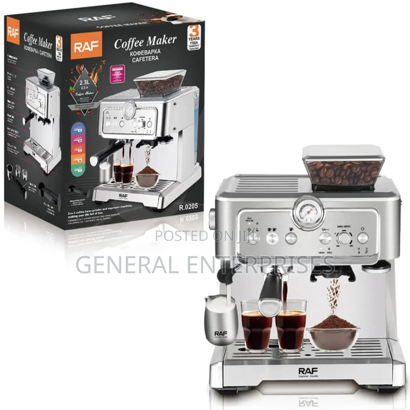 Raf 2-in-1 Espresso Coffee Machine With an Integrated Bean Grinder.
