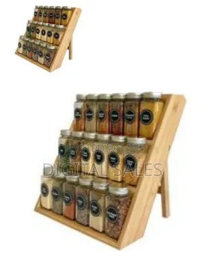 Tiered Bamboo Spice Rack Organizer With Glass Jars
