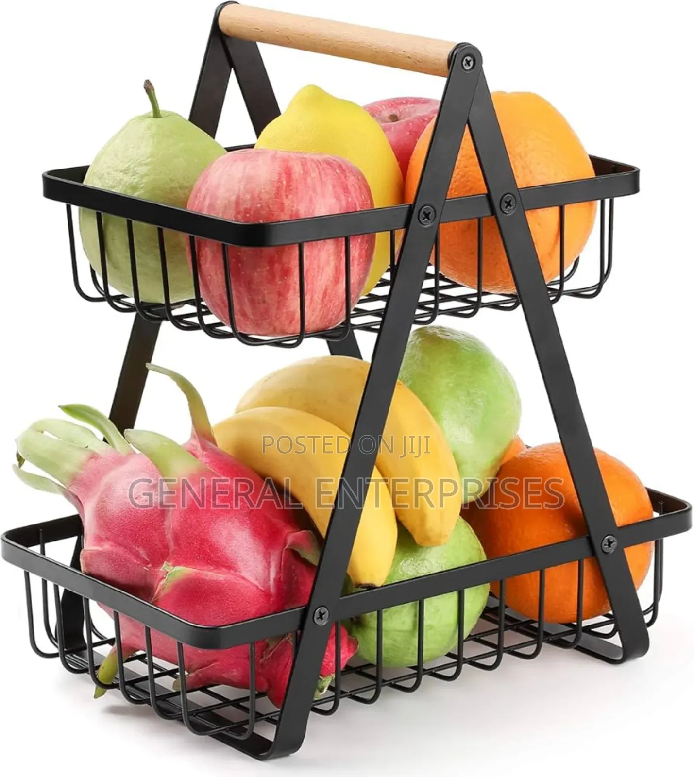 2-Tier Metal Fruit Basket Featuring a Wooden Handle