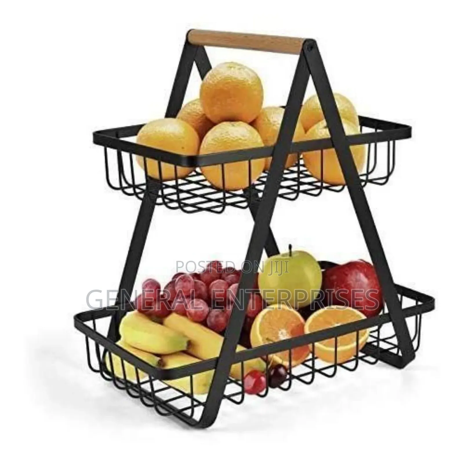 2-Tier Metal Fruit Basket Featuring a Wooden Handle