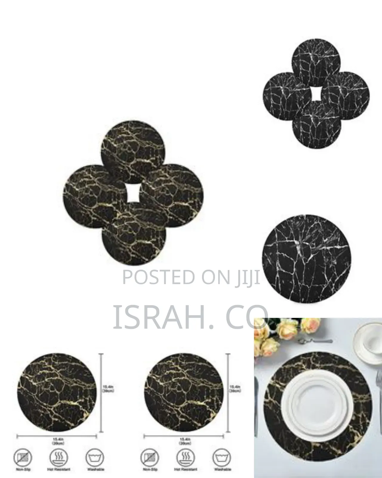 2 Sided 6pc Marble Design Round Placemats Dining