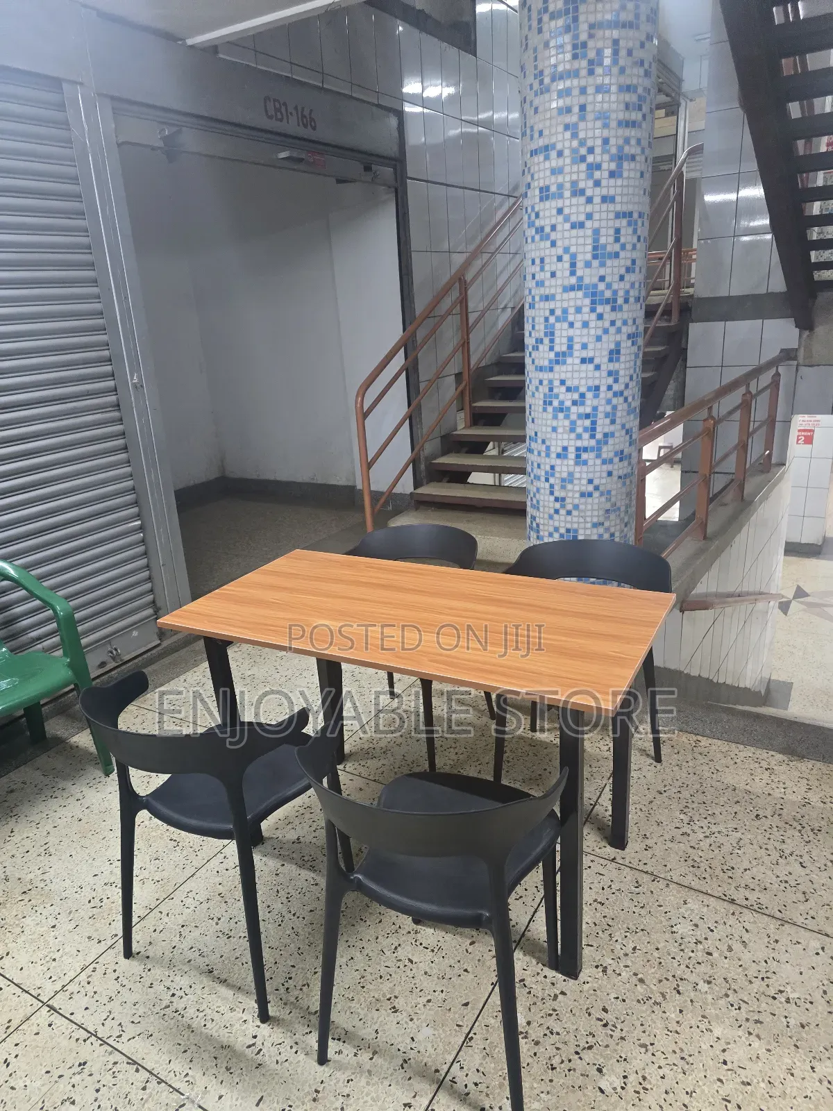 Patio Outdoor/Indoor Wooden Table and Plastic Chairs
