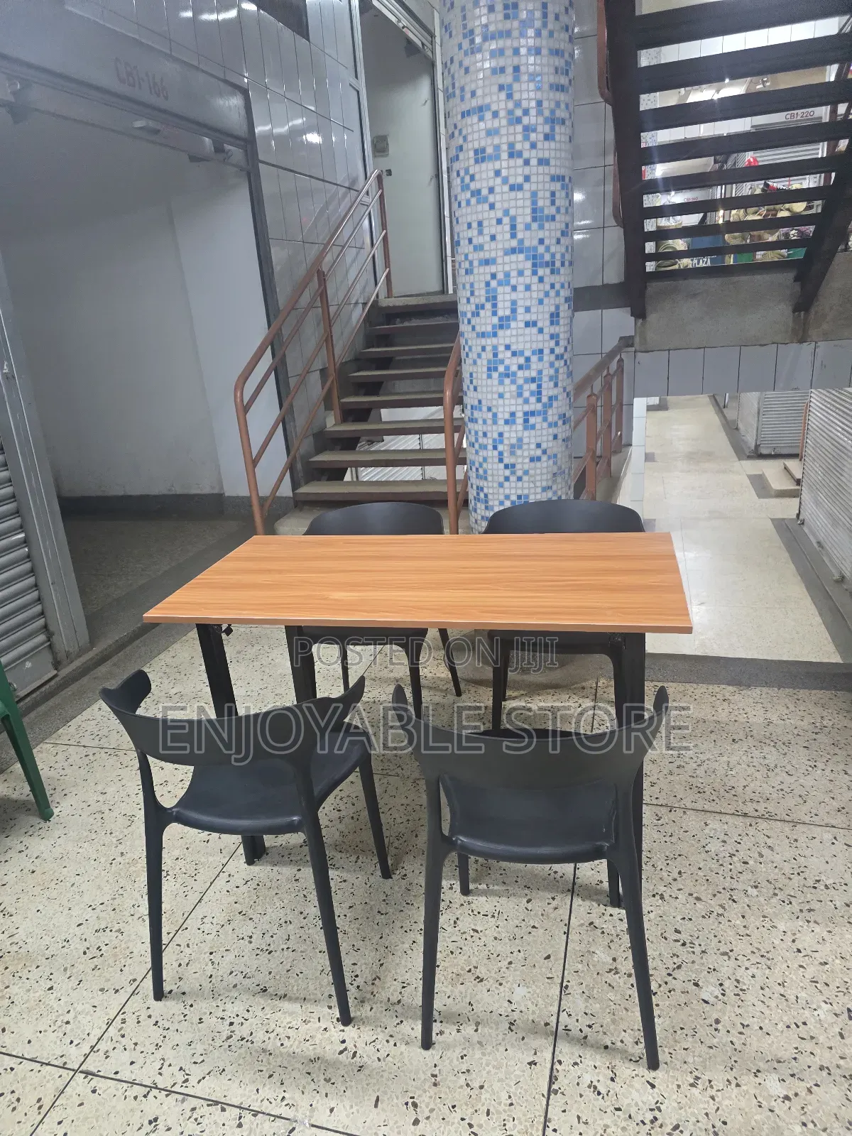Patio Outdoor/Indoor Wooden Table and Plastic Chairs