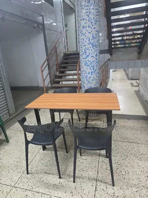 Patio Outdoor/Indoor Wooden Table and Plastic Chairs