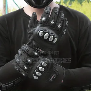 Pro-biker Black Leather Motorcycle Riding Gloves