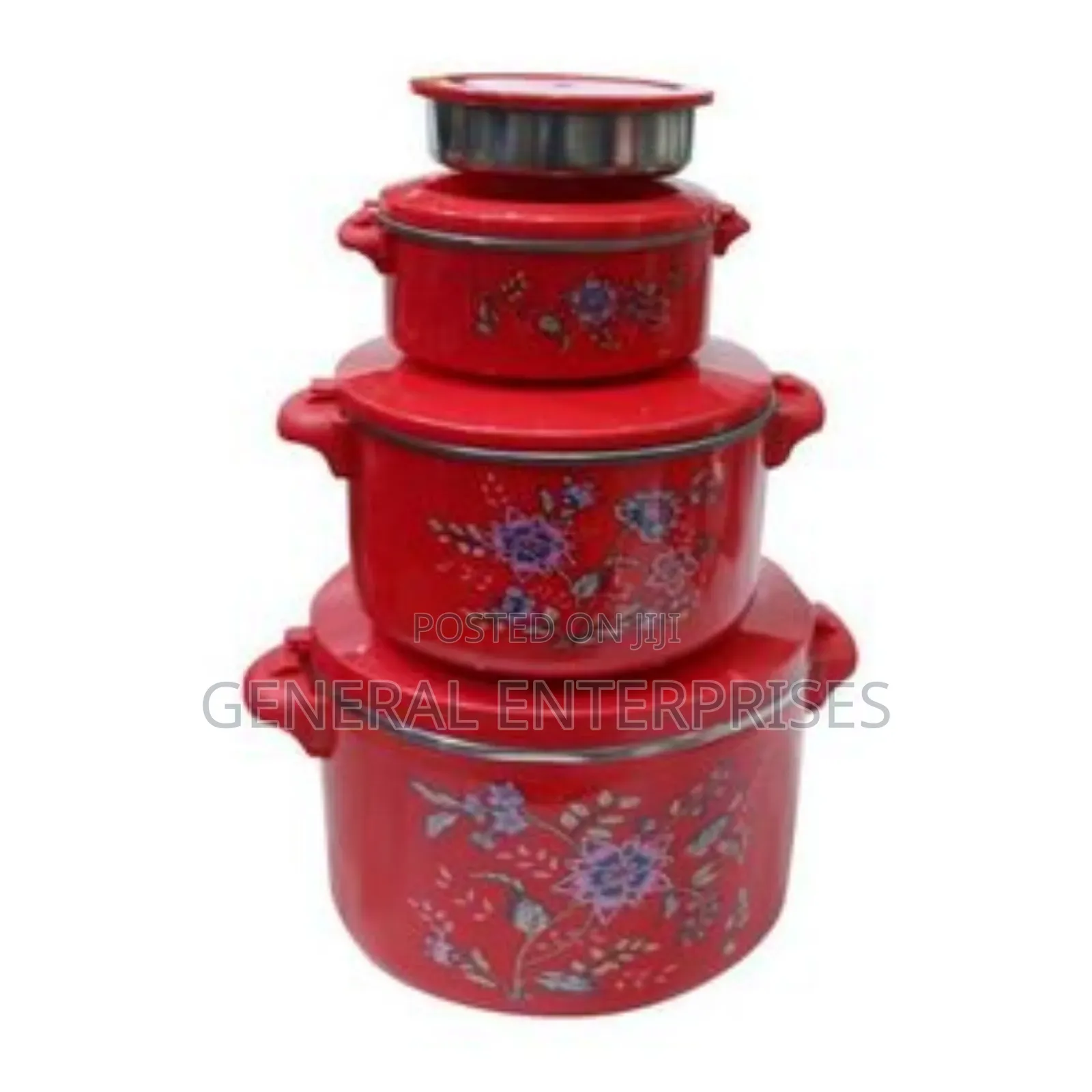 Generic Set of 4 Red Flower-Detailed Food Storage Dishes