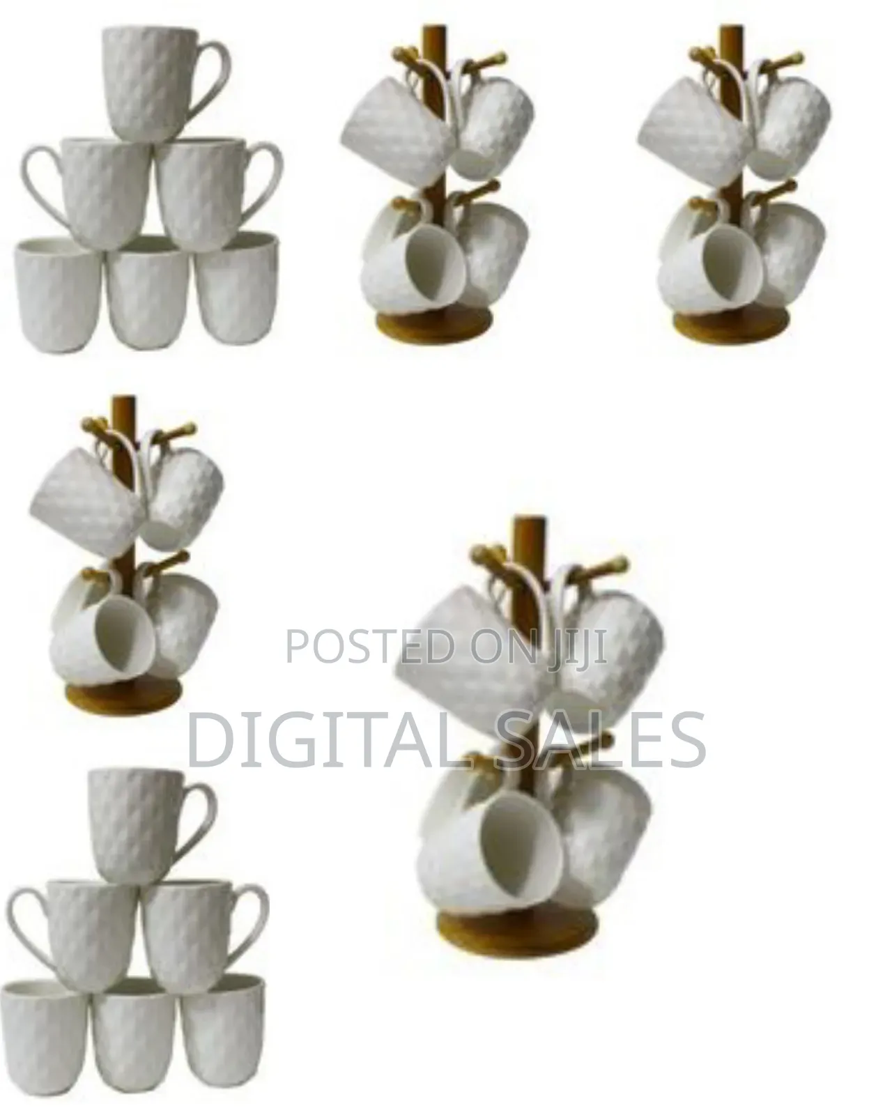 6 Pieces of Tea Coffee Cups Mugs on Wooden Stand