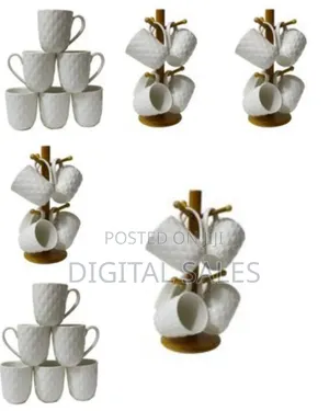 6 Pieces of Tea Coffee Cups Mugs on Wooden Stand