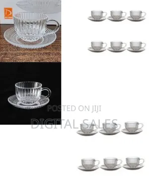6 Pieces of Clear Ribbed Glass Tea Cups and Saucers Sets Coffeemugs