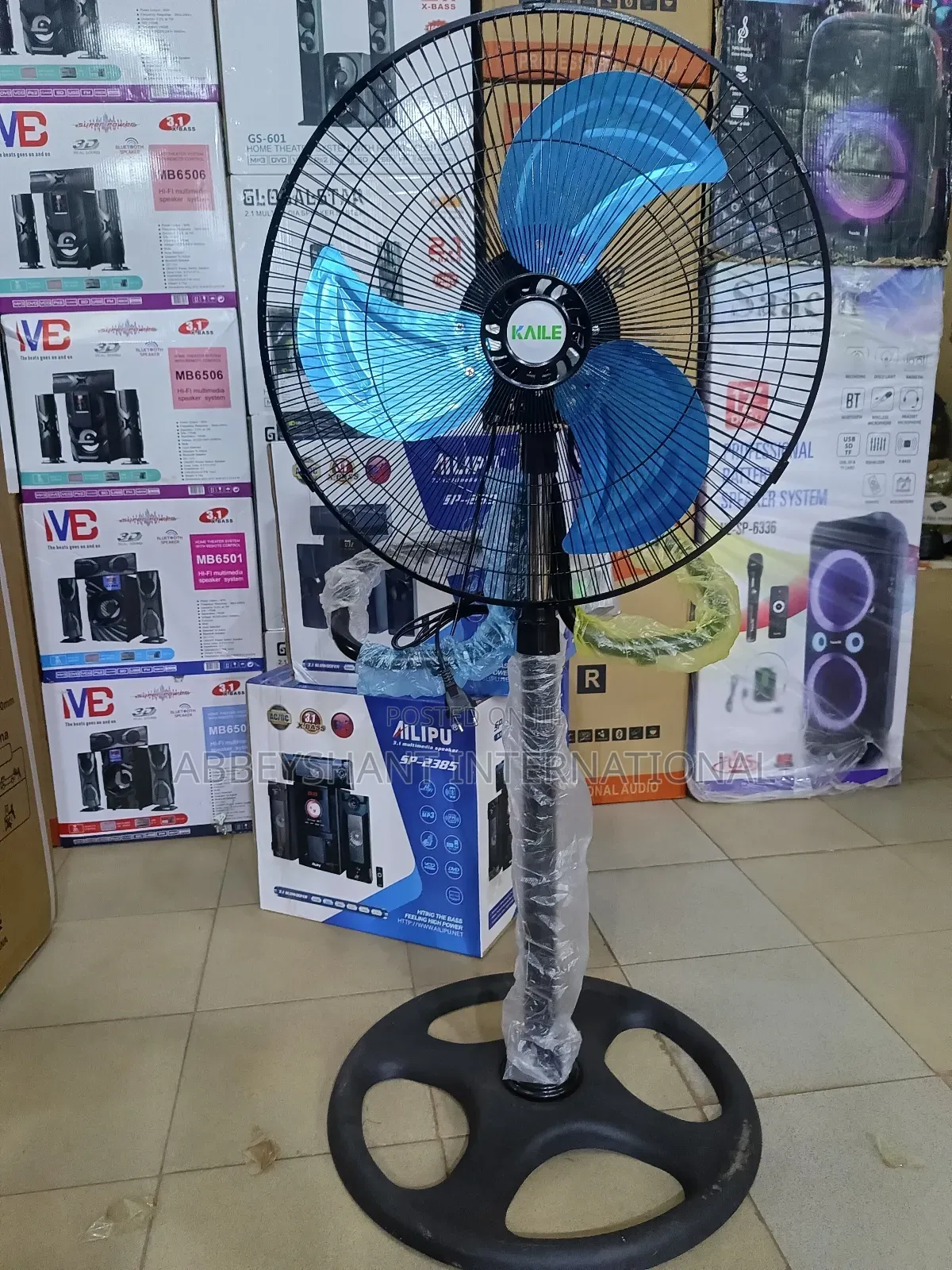 Kaile Brand Pedestal Standing Fan With Blue Blades.
