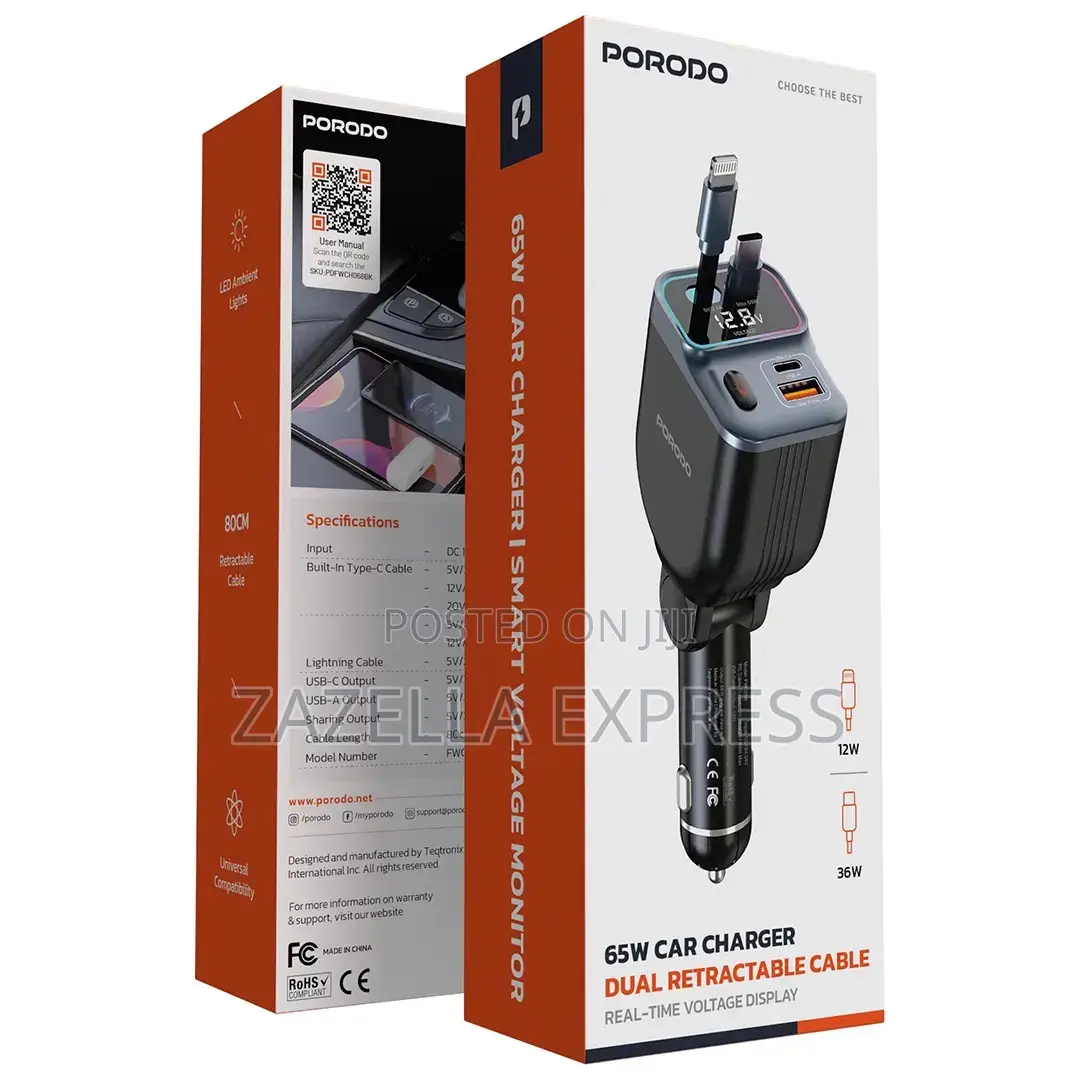 Porodo 65w 4in1 Car Charger With Retractable Type-C Lightning Cables
