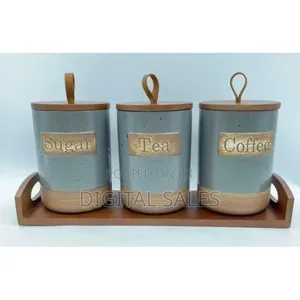 Rustic Kitchen Canister Set With Wooden Tray (Sugar, Tea, Coffee)