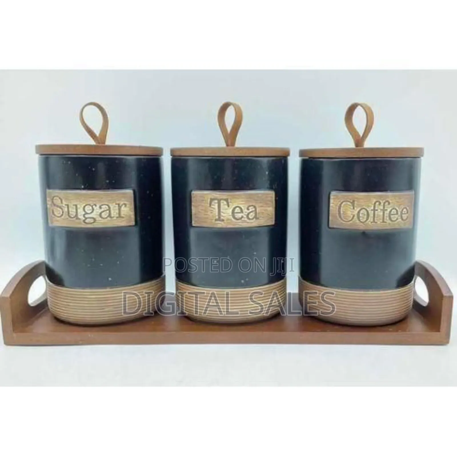 Rustic Kitchen Canister Set With Wooden Tray (Sugar, Tea, Coffee)