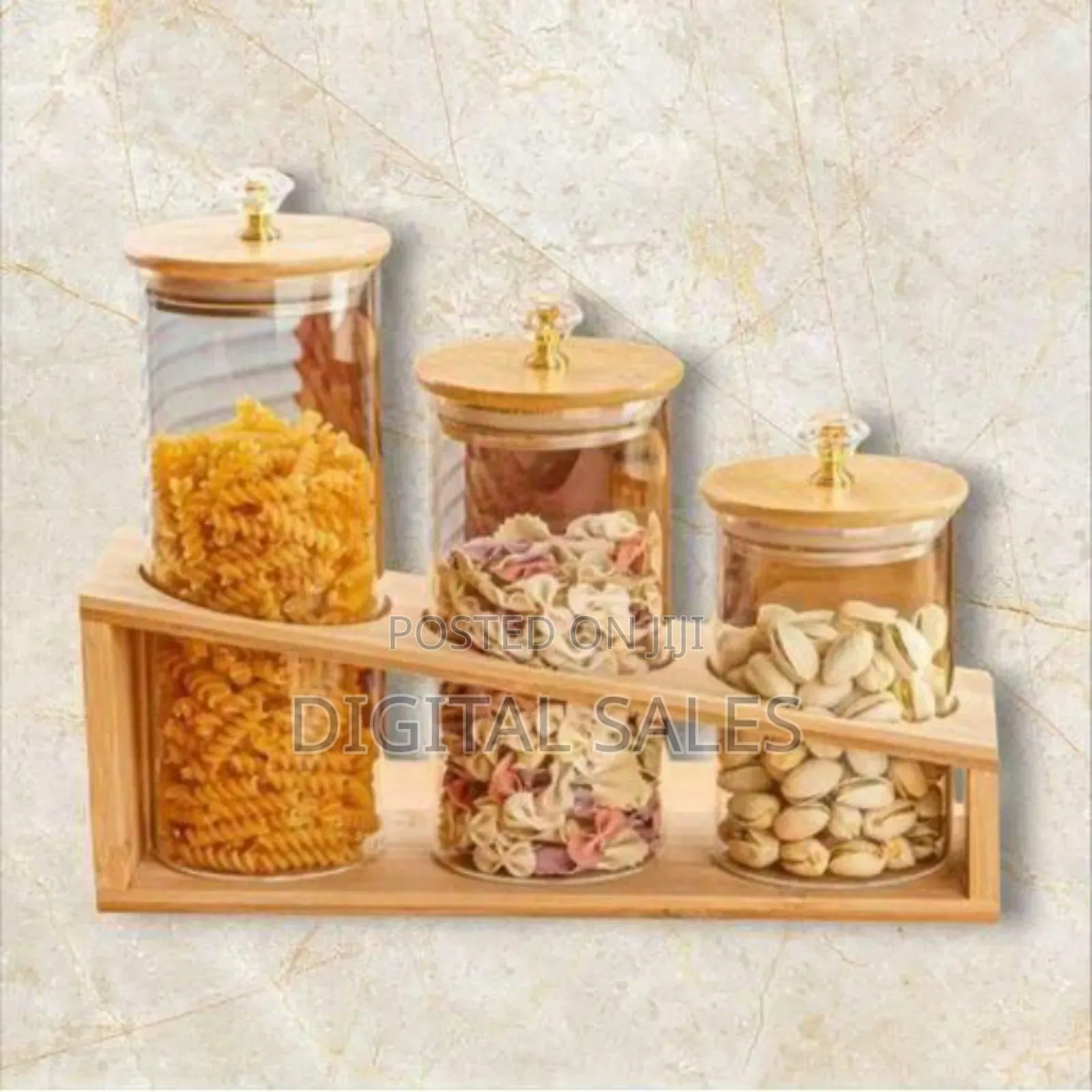 Elegant Three-Piece Diamond-Top Glass Storage Set With Bamboo Stand