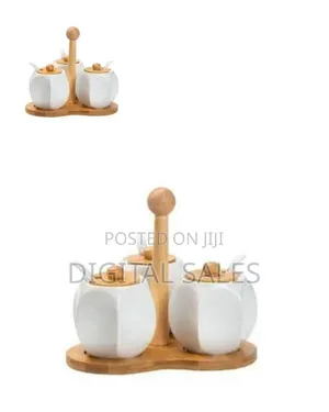 Ceramic Condiment Serving Set With Bamboo Stand