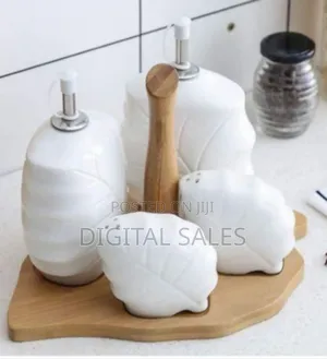Elegant Ceramic Cruet and Shaker Set With Wooden Caddy
