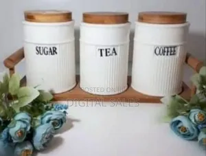Ceramic Sugar, Coffee, and Tea Canister Set With Wooden Tray and Lids