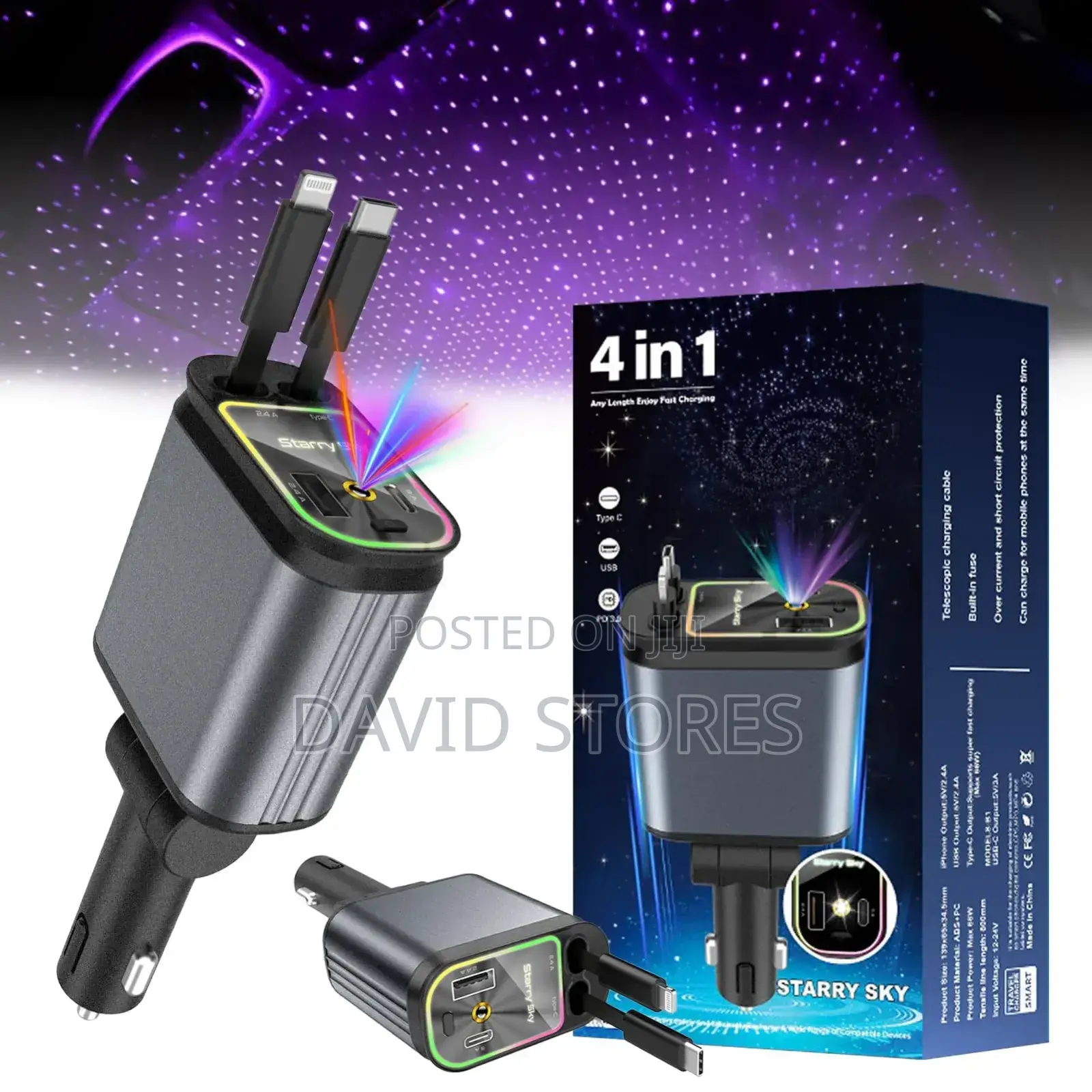 Starry Sky 4-in-1 Fast Car Charger – Usb, Type-C iPhone Ports